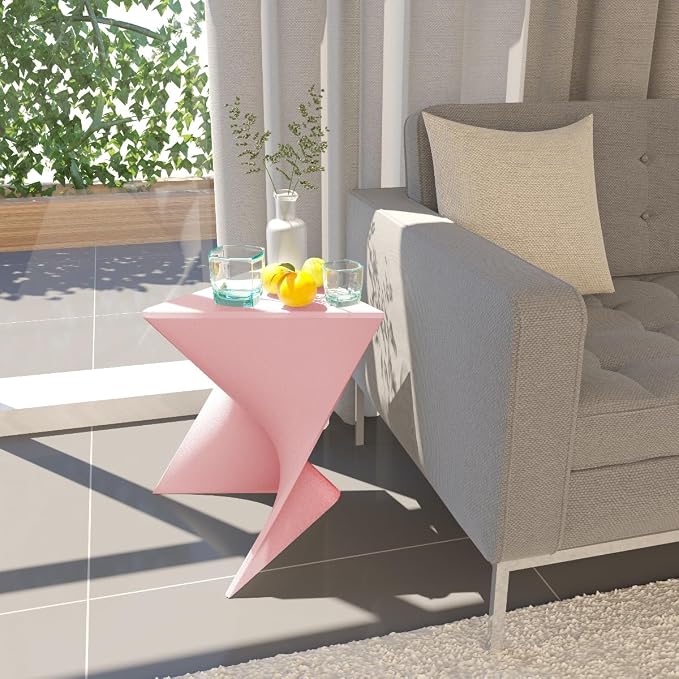 LeisureMod 15.75" Triangular Side Table, Stackable Plastic Accent End Table for Indoor & Outdoor Use, Weather-Resistant Modern Patio & Living Room Table, Set of 2, Pink