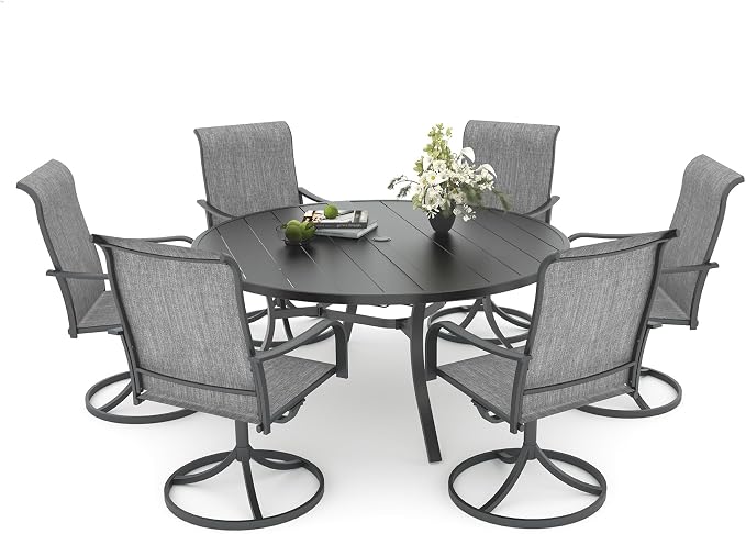 Anmutig 7-Piece Outdoor Dining Set, 54" Round Table with 6 Swivel Chairs All Weather Furniture Set for Lawn Garden, Grey