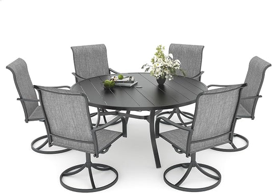 Anmutig 7-Piece Outdoor Dining Set, 54" Round Table with 6 Swivel Chairs All Weather Furniture Set for Lawn Garden, Grey