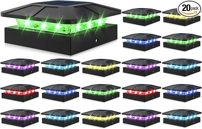 4x4 Solar Post Cap Lights RGB Color Changing, 20 Pack Outdoor LED Fence Light Solar Powered Waterproof, Wood/Vinyl Posts Top Lights for Outside Deck Yard Garden Patio