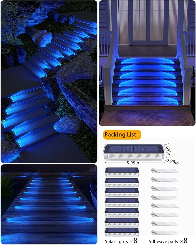 DetarZinLED Blue Solar Lights for Outside,8 Pack Solar Deck Lights Outdoor Waterproof LED,Blue Step Light for Outside,Dock Light Solar Powered Waterproof for Deck,Steps,Dock,Driveway,Stair,Path