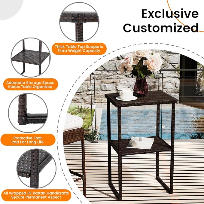 Sundale Outdoor Wicker Bar Table, 36 Inch Counter Height Patio High Top Dining Table, Rattan Bistro Pub Table with Storage Shelf for Deck Poolside Balcony Garden, Variegated Brown
