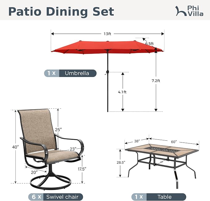 PHI VILLA 8 Pc Outdoor Dining Set with 13ft Umbrella, Swivel Mesh Chairs | 60'' wood-look rectangular table, 6 brown patio textilene chairs and 13ft orange red umbrella(NO BASE) for deck, garden, yard