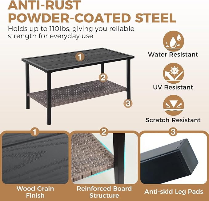 COOS BAY Sunset Haven Outdoor Patio Coffee Table, Rectangle Outdoor Coffee Table with Double-Tier Storage, Wicker Patio End Table, 35.4"x18.1"x18.5", Brown