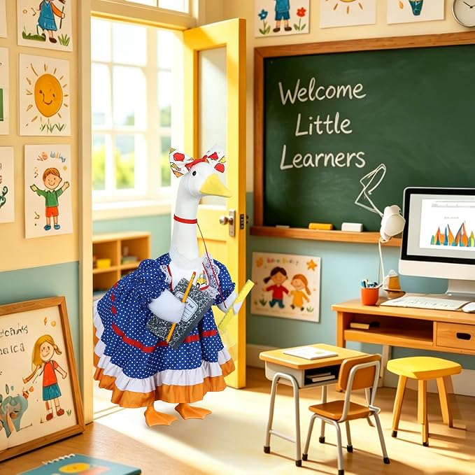Back to School Porch Goose Outfit for 23" Plastic/Cement Porch Goose Statue | School-inspired Retro Polka Dot Dress with Pencil, Notebook, Ruler, Ideal for School Outdoor Garden, Yard, Patio, Porch Decor