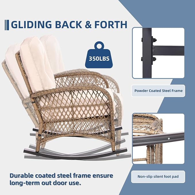 4-Piece Wicker Patio Furniture Sets Outdoor All-Weather Rattan Conversation Set Includes Glider Loveseat, Glass-Top Coffee Table, 2 Rocking Chairs with Thickened Cushions, Light Brown