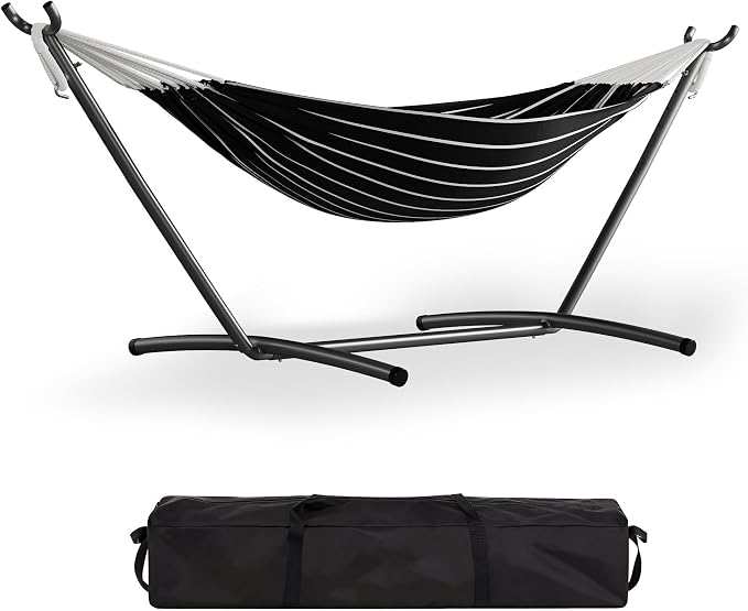 Heavy Duty Double Hammock with Steel Stand – 2 Person, 450lbs Capacity, Portable for Indoor Outdoor Use, Space-Saving with Carry Bag, Garden, Patio, Camping, White Agate