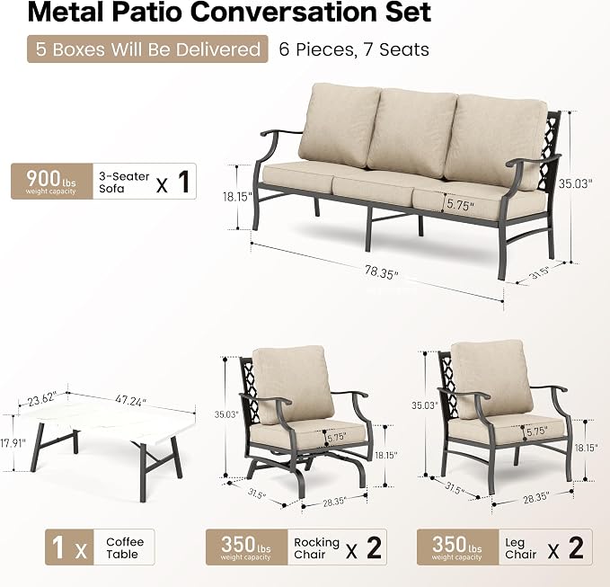SUNSHINE VALLEY 6 Piece Metal Outdoor Patio Furniture Set, Patio Conversation Set 1 3-seater Sofa, 2 Rocking Chair, 2 Leg Chair with 5.75" Thick Cushion and Coffee Table, Backyard Furniture Set, Beige