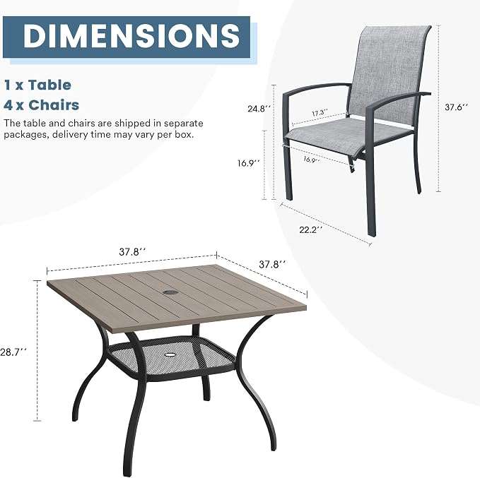 DIFY 5 Pieces Outdoor Dining Set, Metal Patio Table and Chairs Set for 4 with Umbrella Hole, 37.8" Square Dining Table and Textilene Stackable Patio Chairs for Garden Backyard Poolside, Grey Wood-Like