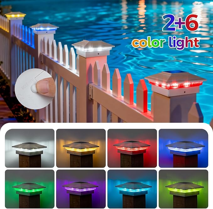 Solar Post Cap Lights Outdoor 16pack, Waterproof Fence Post Solar Lights for 4x4 5x5 6x6 Wood/Vinyl Posts, White Deck Post Lights with 8 Color Modes Decorate Garden Patio Porch Backyard