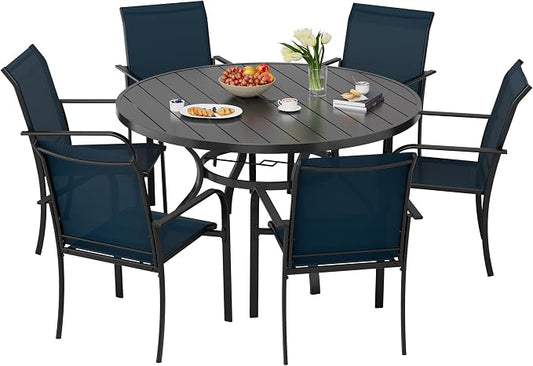 Incbruce 7 PCS Patio Dining Set, Outdoor Dining Set of 6 Textilene Chairs and 53" Round Table with Umbrella Hole for Backyard, Garden, and Poolside (Blue)