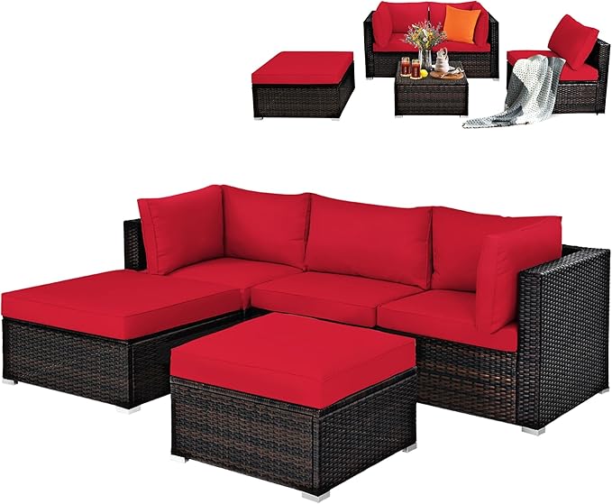 DORTALA 5 Pieces Patio Rattan Furniture Sets, Sectional Sofa Conversation Set w/Steel Frame & Sponge Cushions, Modern Wicker Combination Sofa Set w/Ottoman & Table for Garden Lawn Balcony, Red