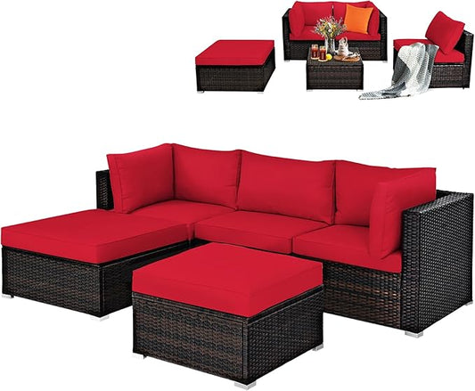 DORTALA 5 Pieces Patio Rattan Furniture Sets, Sectional Sofa Conversation Set w/Steel Frame & Sponge Cushions, Modern Wicker Combination Sofa Set w/Ottoman & Table for Garden Lawn Balcony, Red