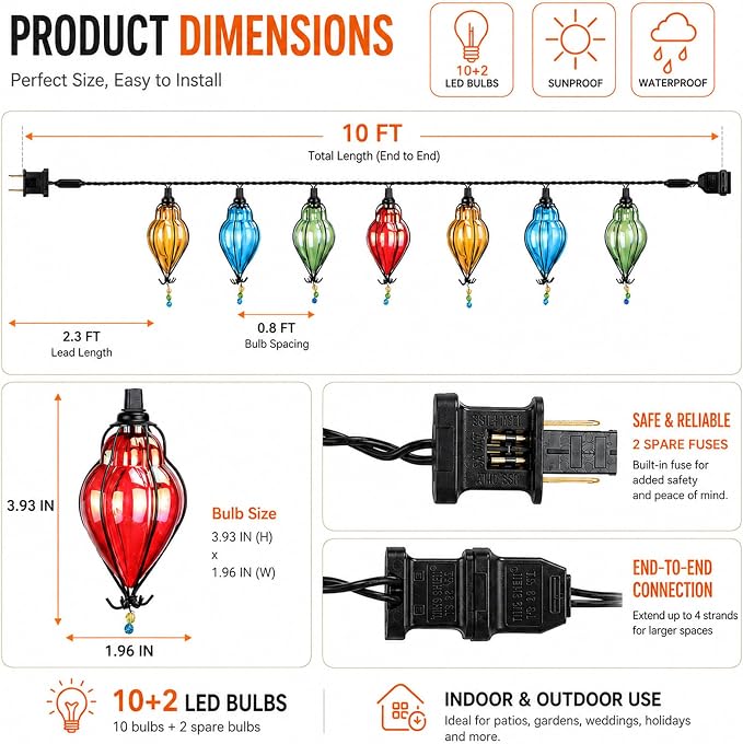 Vigdur Outdoor String Lights, 10FT Multicolor Patio String Lights Plug-in | 10 Plastic Flower Bulbs, UL Listed, 10 Strands Connectable, Outdoor Hanging Lights for Porch Garden Wedding Party Decor