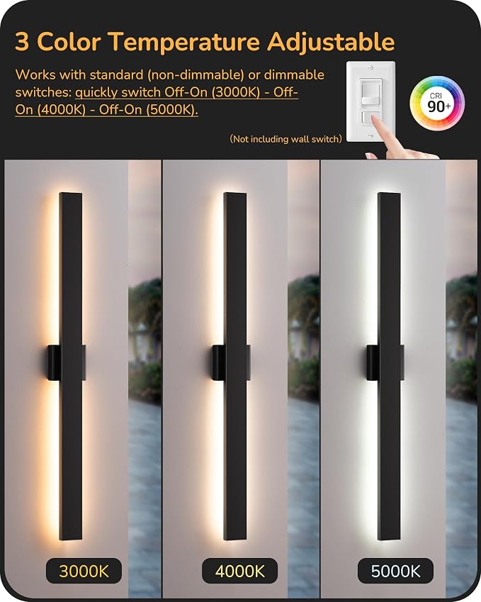 EDISHINE 2 Pack Modern Outdoor Wall Lights Dimmable, 39.3" Linear Led Exterior Wall Light, 3CCT, Iron & PC, IP65 Waterproof, Long Exterior Lighting Fixtures for Front Door, Stair, Black