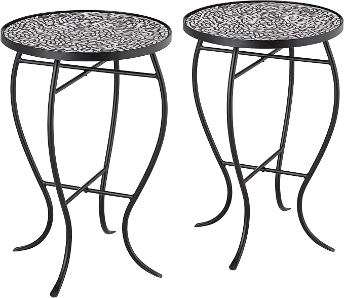 Teal Island Designs Zaltana Modern Black Metal Round Outdoor Accent Side Tables 14" Wide Set of 2 Set of 2 Free-Form Mosaic Tile Tabletop Gracefully Curved Legs for Spaces Porch Patio Home Hous