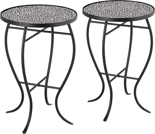 Teal Island Designs Zaltana Modern Black Metal Round Outdoor Accent Side Tables 14" Wide Set of 2 Set of 2 Free-Form Mosaic Tile Tabletop Gracefully Curved Legs for Spaces Porch Patio Home Hous