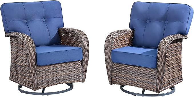 2-Piece Wicker Patio Furniture Set with 5-Inch Thick Cushions Weather Resistant Rattan High Back Swivel Rocker Chairs Senior Friendly Conversation Set for Small Porch Deck Sunroom Brown/Blue