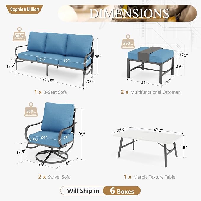 Sophia & William Patio Furniture Sets for 7 Outdoor Conversation Set 7 Pcs with 2 x Swivel Sofa Chairs, 2 x Armrest Chairs, 1 x 3-Seat Sofa, 2 x Ottomans for Coffee Garden Backyard Poolside Navy