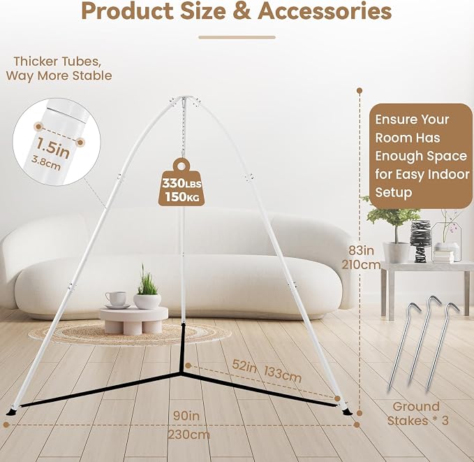 Tripod Hammock Chair Stand for Multi-Use, Heavy-Duty Hammock Chair Stand for Indoor & Outdoor, with Height Adjustable Triangular Design, 330 lbs Capacity, Easy Assembly, Stand Only - White