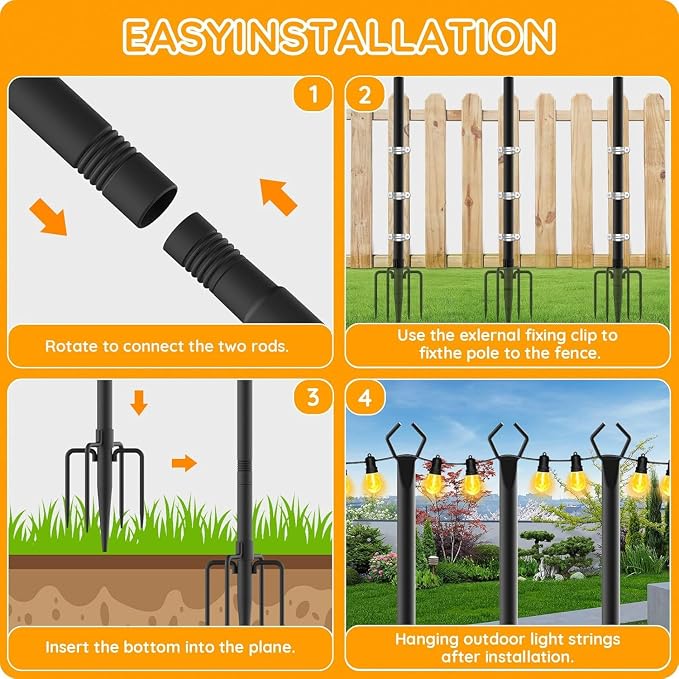 AHRLHR 6 Pack String Light Poles, Outdoor String Light Pole 10 ft Forked Metal Light Pole with Adjustable Outdoor Light Stand, Deck, Backyard, Garden, Wedding, Rustproof and Sturdy with Hooks.