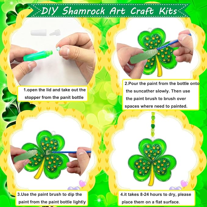 AUEKIV St. Patrick's Day Shamrock Suncatchers Ornaments DIY Window Paint Art Craft Kit 32pcs Irish Lucky Shamrock Four-Leaf Clover Rainbow Sun Catchers Decorations for Party Favors Activities Gift