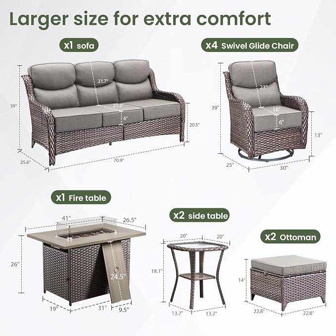 Luxury Patio Furniture Set 10pcs with 6-inch Thick Cushion, Outdoor Furniture with Fire Pit Table, Swivel Chairs, Sofa, Side Table, Ottomans, Patio Set for Deck Yard Brown Wicker | Grey Cushions