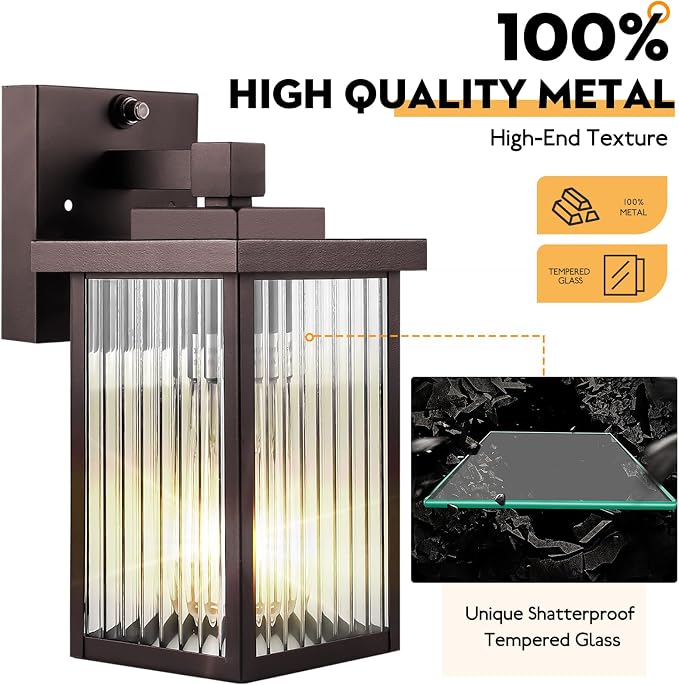 2 Pack Bronze Dusk to Dawn Outdoor Wall Light, All-Metal Frame | Auto On/Off, Rust-Resistant,Tempered Glass, Easy DIY Install on Porch, Garage