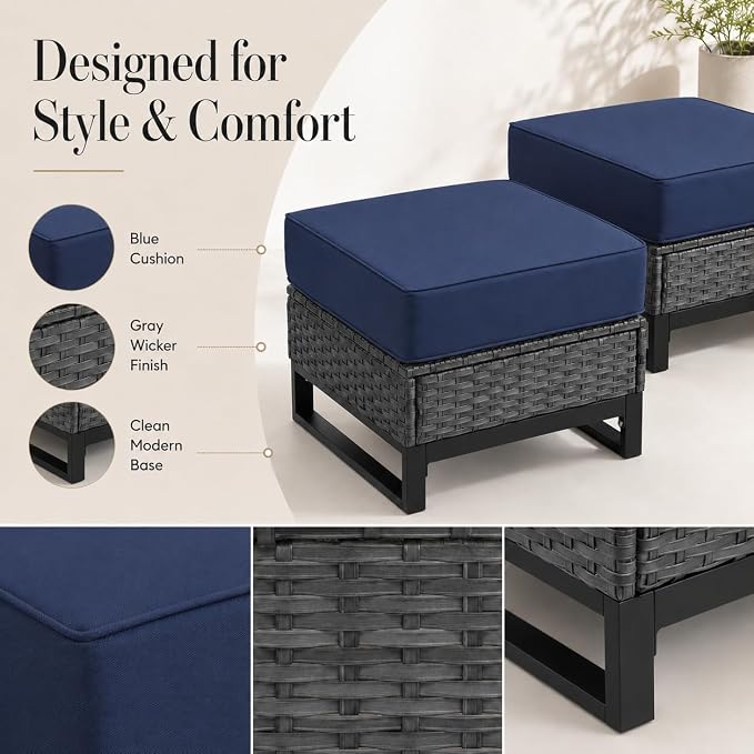 Outdoor Ottomans Set of 2, PE Wicker Patio Footstools with Removable Cushions, All-Weather Rattan Outdoor Ottoman Set for Patio, Backyard, Garden, Porch, Blue