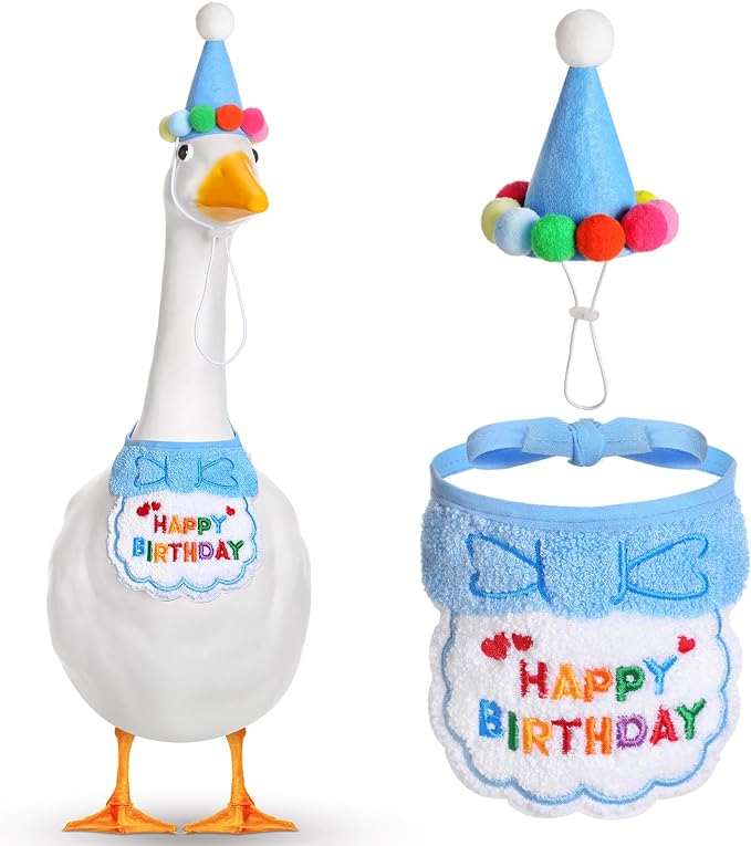 Abbylike Happy Birthday Goose Outfit Lawn Porch Goose Outfits with Party Hat Bandana for 23" 17" Cement Plastic Duck Decor(Blue)