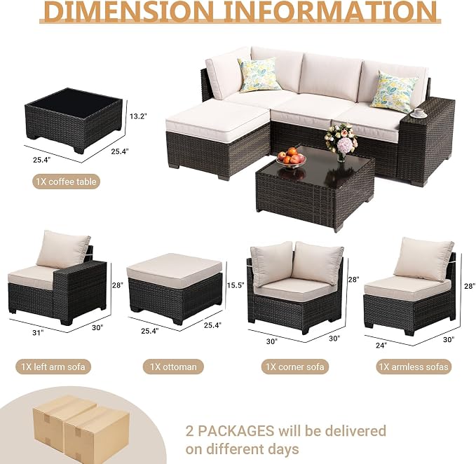 JOYURE 5 Pieces Patio Furniture Set, Outdoor Sofa with Waterproof Cushions&Ottoman, Rattan L Shaped Patio Couch & Coffee Table, Modern Outdoor Furniture for Backyard, Deck, Balcony – Beige