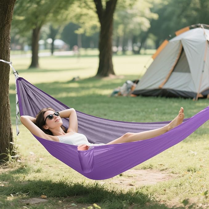Purple Solid Color Camping Hammock, Portable Lightweight Single Hammock with Tree Straps and Aluminum Carabiners, 114" x 54" Travel Hammock for Hiking Backpacking Beach