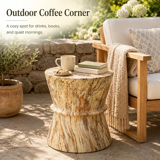 Outdoor Concrete Side Table, Concrete Contemporary Lightweight Accent Table with Faux Stone Coffee Tables for Garden,Porch,Backyard (Amber,Brown -16)