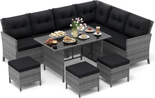 Tangkula 7 Pieces Patio Dining Furniture Set, Outdoor PE Rattan Sectional Sofa Set with Soft Cushions, Ottomans and Tempered Glass Table, Wicker Conversation Set (Mix Gray + Black)