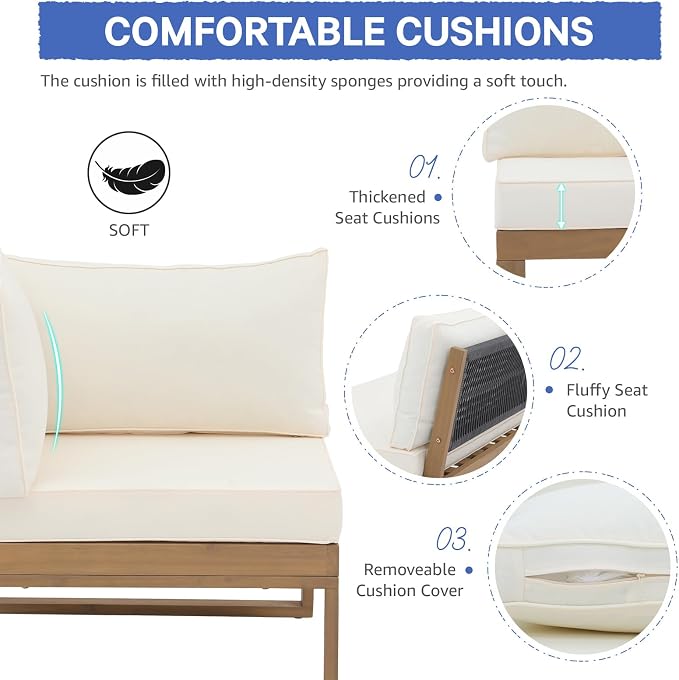 SUNSITT 4 Piece Acacia Wood Patio Furniture with Waterproof Cover, L-Shaped Outdoor Sectional Sofa Set with Coffee Table, FSC Certified Conversation Set with Built-in Side Table & Cream White Cushions