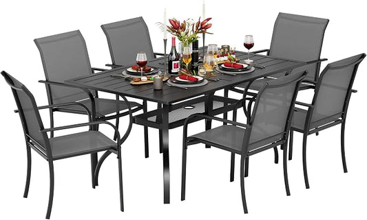 7-Piece Patio Dining Set,6 Person Outdoor Table and Chairs Set, 6 Metal Dining Chairs and Rectangular Outdoor Table with 1.57" Umbrella Hole,Grey