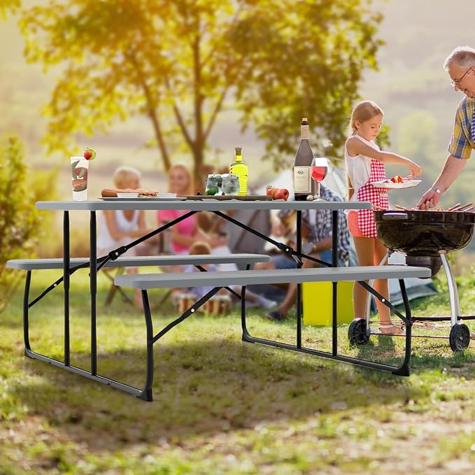 LDAILY Moccha Folding Picnic Table - Portable Picnic Table with Benches, HDPE Tabletop, Metal Frame, Foldable Camping Table, Outdoor Dining Table Set for Garden Party BBQ Patio Table Bench Set (Grey)