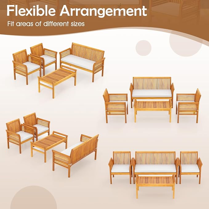 HAPPYGRILL 4 Pieces Acacia Wood Patio Conversation Set, Outdoor Wood Furniture Set with Seat Cushions, Wicker Sofa Chairs & Coffee Table for Garden Poolside Deck (1)