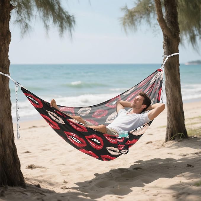 Camping Hammock Outdoor Hammocks for Outside Red Lips 1 Beach Trees Portable Lightweight with Pockets Tree Straps Indoor