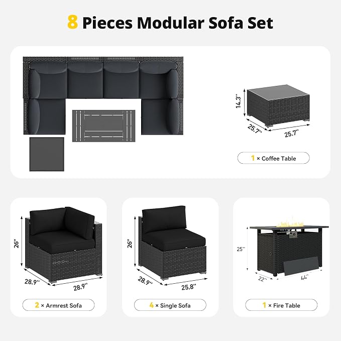 Aoxun Patio Furniture Set with Fire Pit Table, 8 Piece Outdoor Sectional Set, Wicker Rattan Outdoor Furniture with Thickened Cushion for Backyard, Garden Black