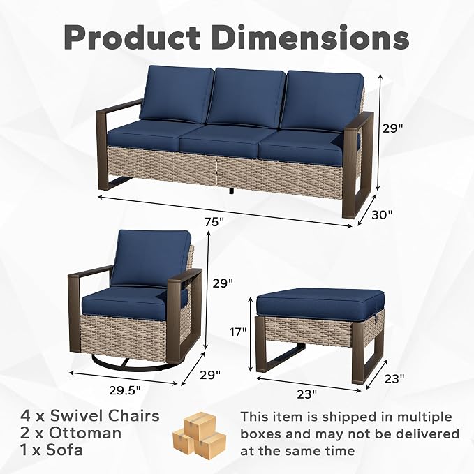 Outdoor Patio Swivel Rocker Chairs, 7 Pieces Wicker Furniture Set, 4 Swivel Rocking Chairs, 1 Sofa and 2 Ottoman, Metal Wide Armrest, Thick Cushions and Deep Seating for Garden, Backyard, Porch, Deck