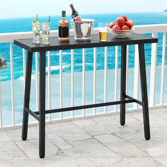 Tangkula 36" Patio Counter Height Bar Table, Rectangular High Pub Table with Sturdy Metal Frame and Adjustable Foot Pads, Outdoor Bistro Dining Table for Balcony, Backyard and Indoor, Black