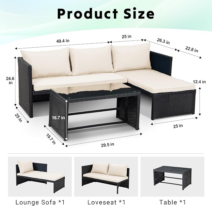 Tappio 3 Pieces Patio Furniture Sectional Sets, 3-Piece Outdoor PE Rattan Furniture Sets, Outdoor All-Weather PE Rattan Wicker Lawn Conversation Sets with Cushion and Glass Table (Begie)