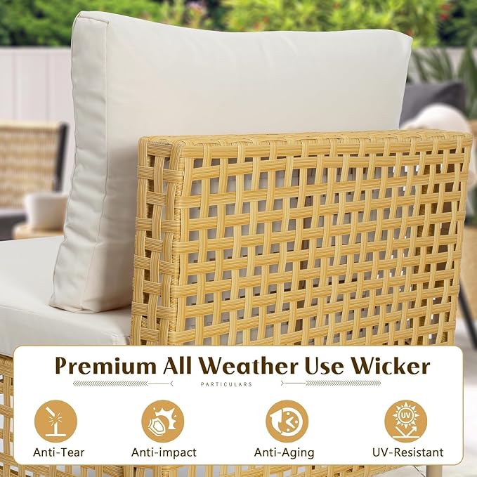 7 Piece Boho Wicker Patio Furniture Set with Fluffy Black Cushions and Coffee Table, Modular Outdoor Couch Conversation Set for Deck, Garden, Backyard, Balcony, All Weather Sectional Lounge Seating(Bl