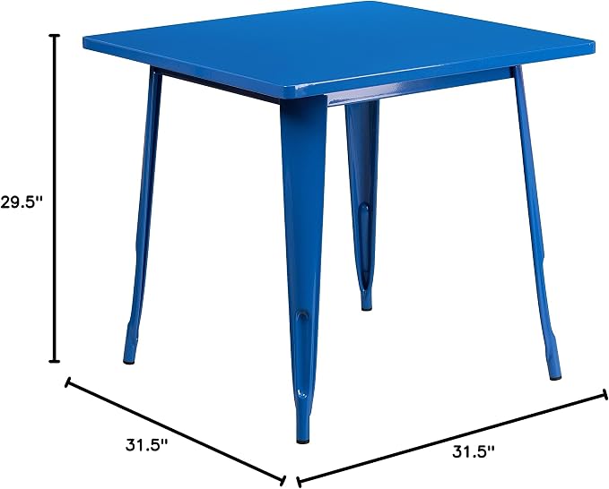 Merrick Lane Nash Indoor-Outdoor Dining Table Only - Blue Powder Coated Finish - 31.5" Square Top - 27.25" Wide Base - Bracing for Added Stability