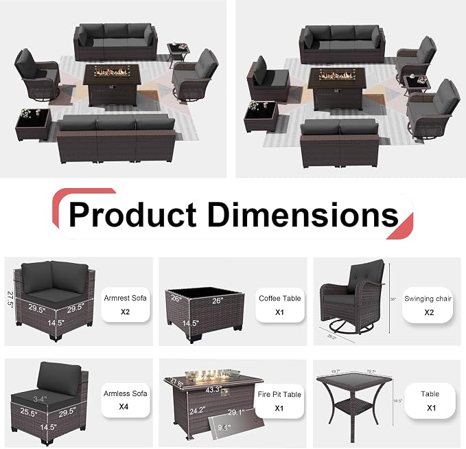Kurapika 11 Pieces Patio Furniture Set, Rattan Wicker Outdoor Conversation Sets w/43in Propane Fire Pit Table, Swivel Rocking Chairs Patio Sectional Sofa w/4 Inch Cushion, Grey