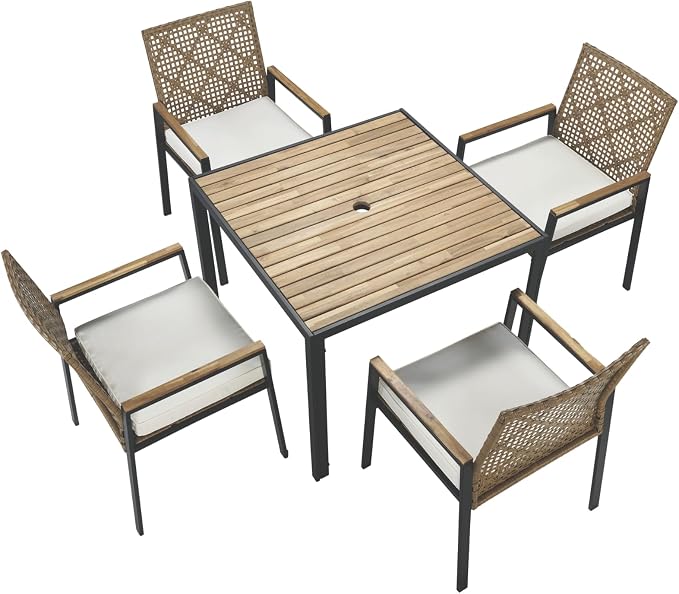 5 Piece Outdoor Dining Table for 4, 35" Dining Table with Umbrella Hole & Stackable Chairs for Patio, Deck,Patio Dining, Outdoor Dining Table Chair, Conversation Set, Patio Furniture Set, Yellow Color