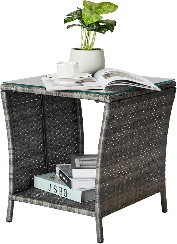 Outdoor Patio Wicker Side Table, Square End Table Bistro Coffee Table with Glass Top Storage Shelf for Porch Garden Backyard Rattan End Table Furniture with Storage (Light Grey)