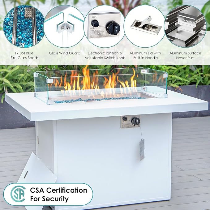 RADIATA 9 Pieces Aluminum Patio Furniture Set with Fire Pit Table, Morden Outdoor Sectional Sofa, Large Conversation Seat with Thick Cushion for Garden Backyard Deck Porch (White)