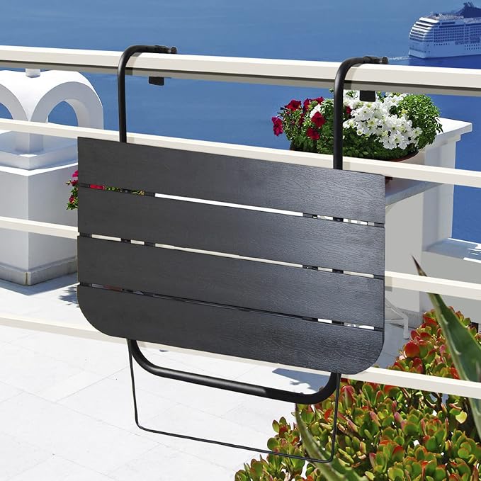 Balcony Railing Table Outdoor Hanging Folding Balcony Bar Table for Railings Patio Hanging Table on Railing Aluminium Metal Side Table Folding Adjustable 23.6"(L) x 15.7"(W) Black Set of 2